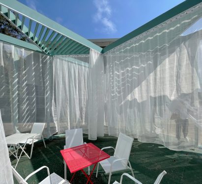Gauzy curtains on pavilion