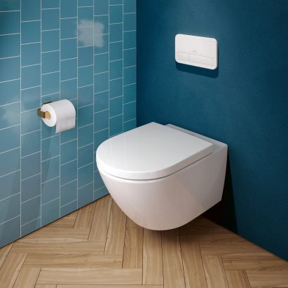 TwistFlush toilet by Villeroy & Boch hung on a bathroom wall