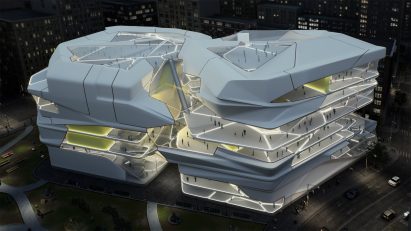 A render of a large white building designed by tutors at the Unit XV course at Softbiome