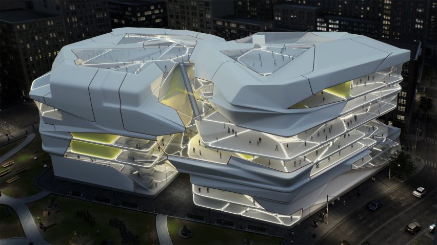A render of a large white building designed by tutors at the Unit XV course at Softbiome