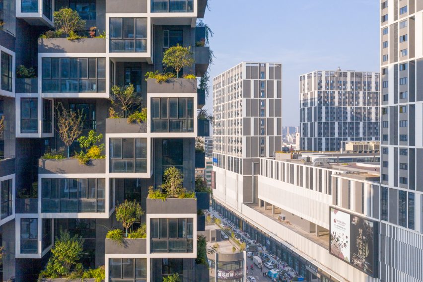 Foliage on balconies of skyscraper