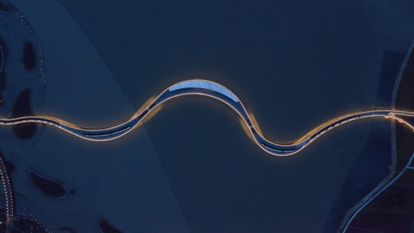 Aerial view of bridge over Yuandang Lake