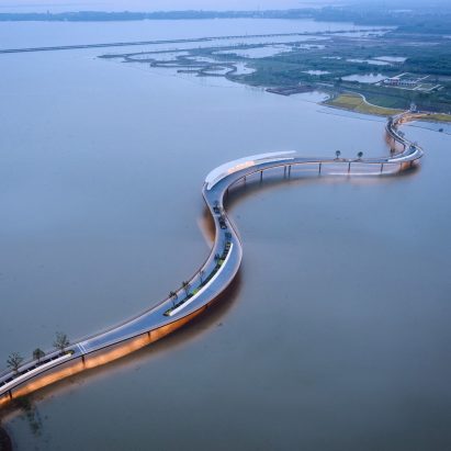 Aerial view of bridge over Yuandang Lake