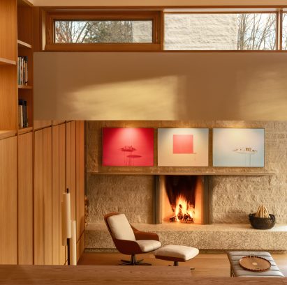 Living room with stone fireplace
