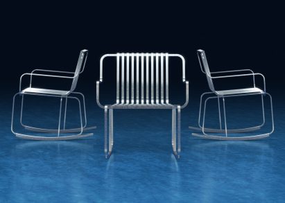 A photograph of Verv, which is a metal reimagination of the traditional rocking chair