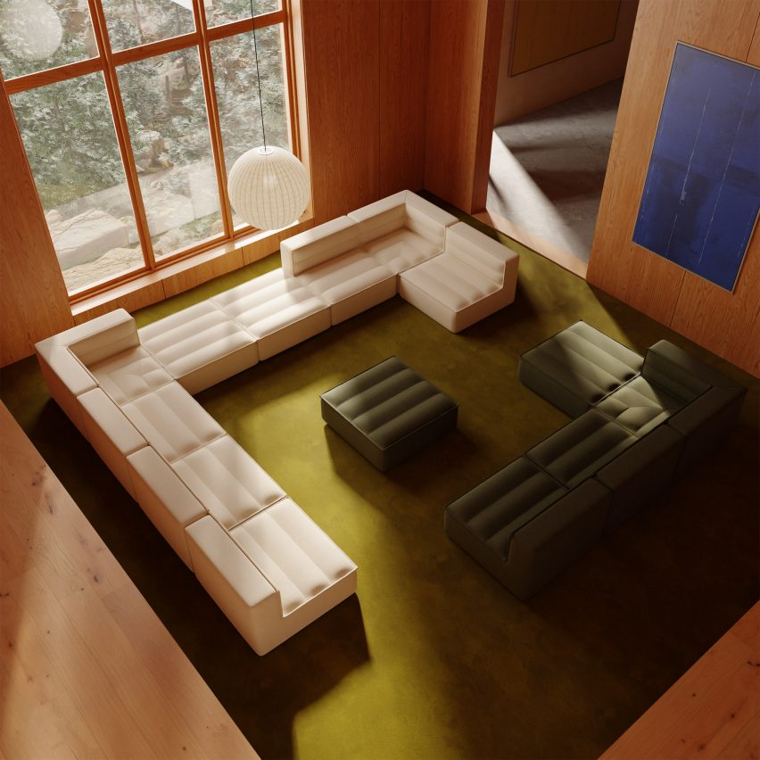 A bird's eye view of the Chord sofa by Part & Whole in cream and green