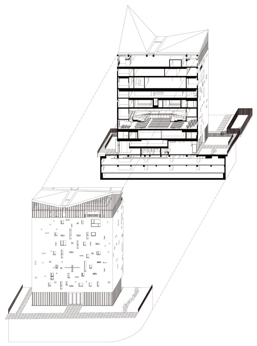 Sectional axonometric drawing of Tamkang Church by Behet Bondzio Lin Architekten