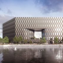 The facade has a geometric pattern