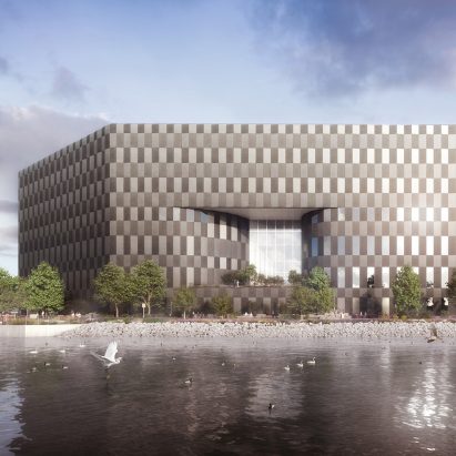 The facade has a geometric pattern