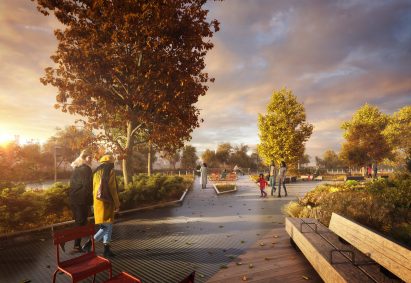 Render of landscaped green spaces and walkways