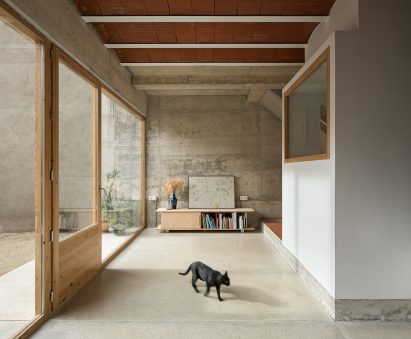 Bedroom with concrete walls