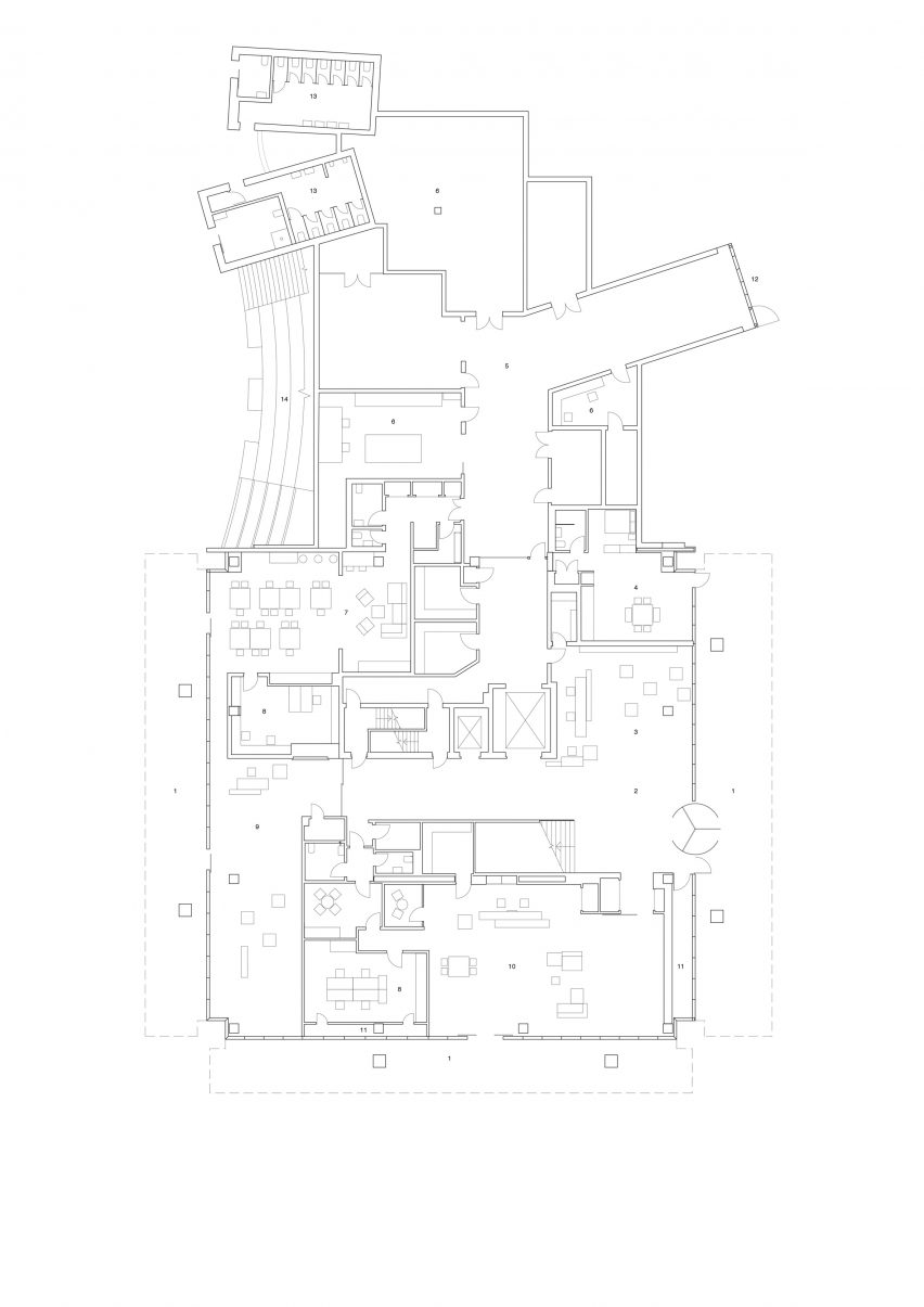Ground floor plan of Shepparton Art Museum that was designed by Denton Corker Marshall