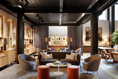 Co-working space with curtain partitions