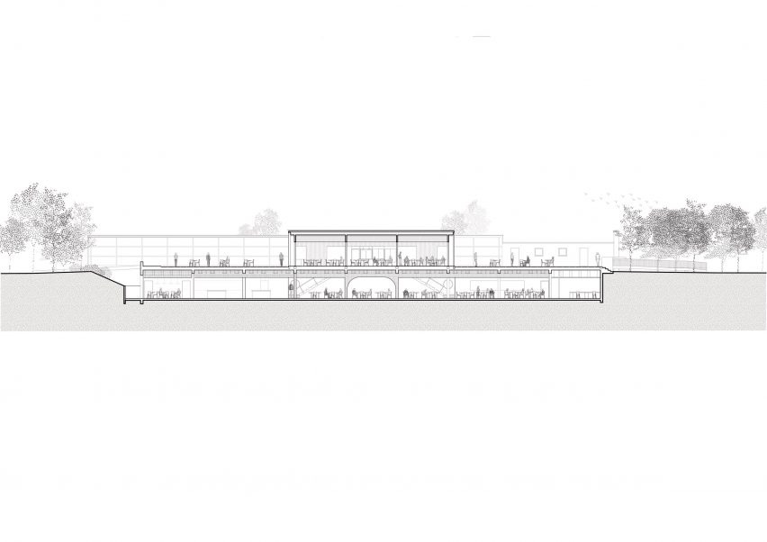 Section drawing of Crous University Refectory which was extended and renovated by Graal Architecture