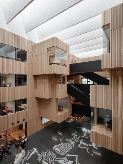 Ribbed wood panelling lines the interior of the building