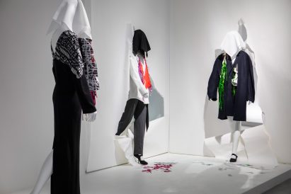 Mannequins rip through paper walls at the Chalayan exhibition