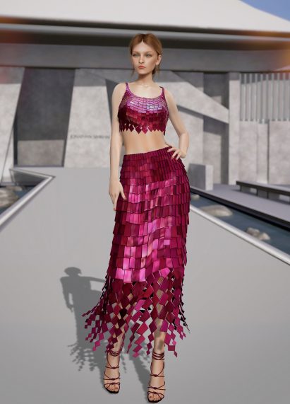 Virtual model wearing glittering pink two-piece on a grey runway