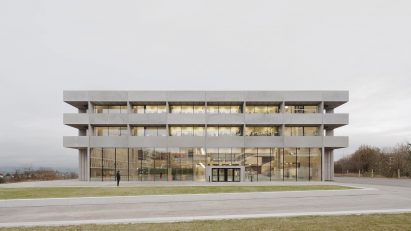 The building has a rectilinear form