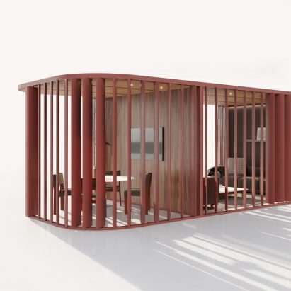Adaptable and modular Hub Curved pod by Kettal surrounded in louvres