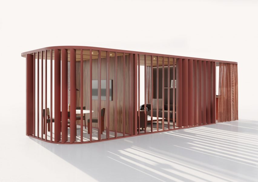 Adaptable and modular Hub Curved pod by Kettal surrounded in louvres