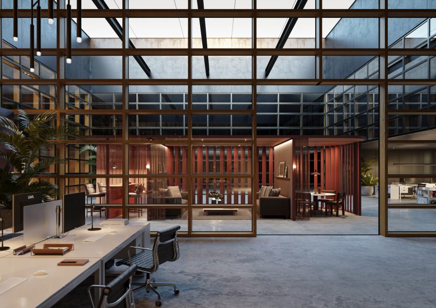 Hub Curved pod by Kettal as seen through tall glass wall