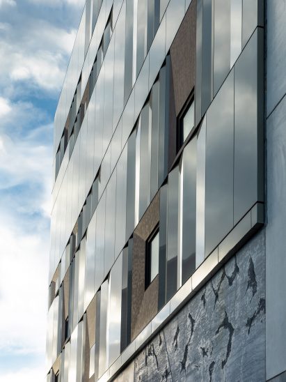 Image of the metal, glass and masonry facade of The Hedberg