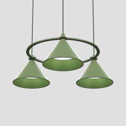 Green Lumo pendant Lumo by Thomas Bernstrand for Zero Lighting with four conical shades in a circular mount as seen from below