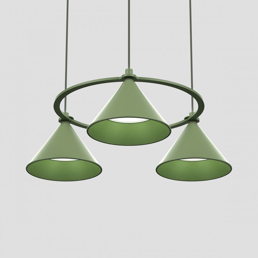 Green Lumo pendant Lumo by Thomas Bernstrand for Zero Lighting with four conical shades in a circular mount as seen from below