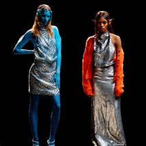 Holograms of two models at Maisie Wilen's AW22 fashion show at New York Fashion Week