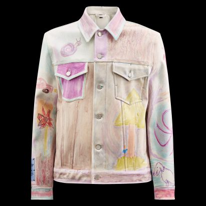 Rice-leather jacket by MCQ with illustrations of a snail and windmill