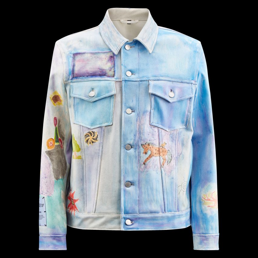 Rice-leather jacket by MCQ and Natural Fiber Welding with blue-tinged illustrations by Kevin Emerson