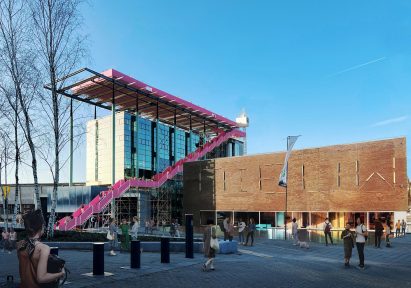 Render of the pink staircase installation