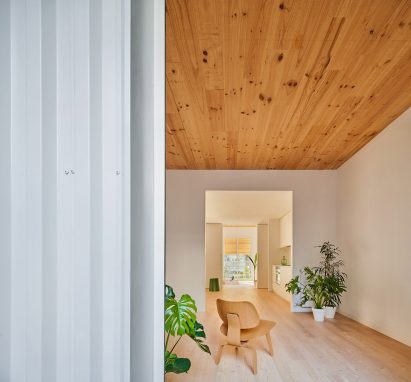 Wood-lined living room