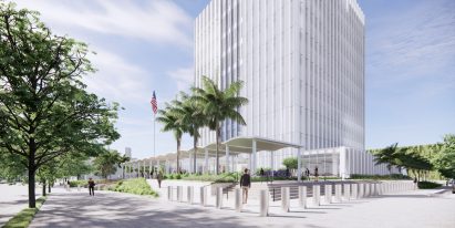 The building is surrounded by a public podium
