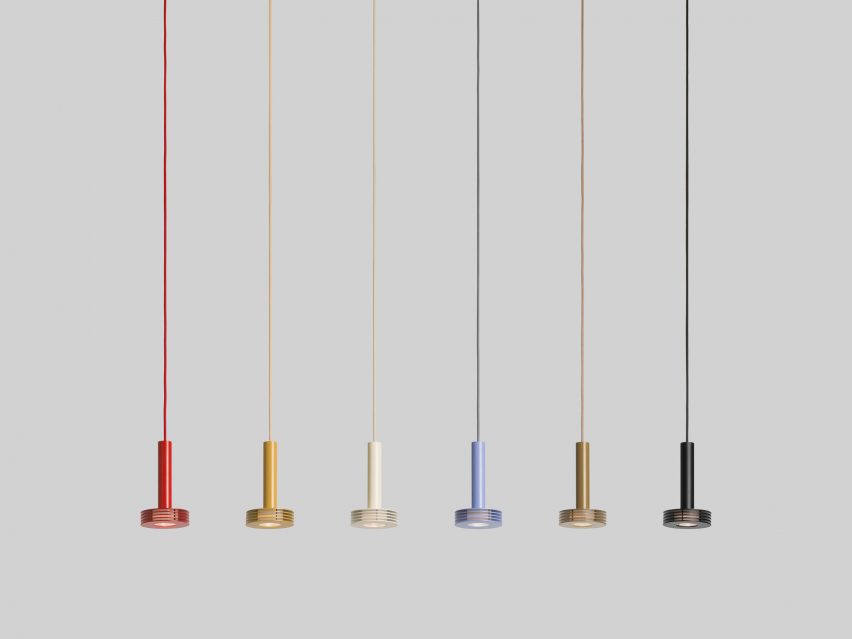 Six Sprinkle pendants by Note Design Studio for Zero Lighting in different colours on a grey backdrop