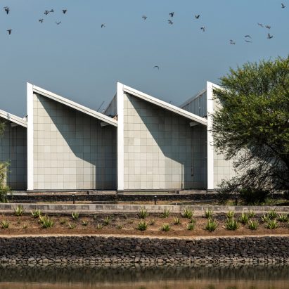 Buildings at the factory are made up from geometric shapes
