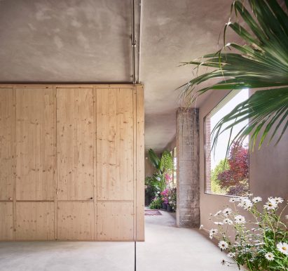 Wooden volume inserted into shell of apartment with plant-filled corridor running along its length