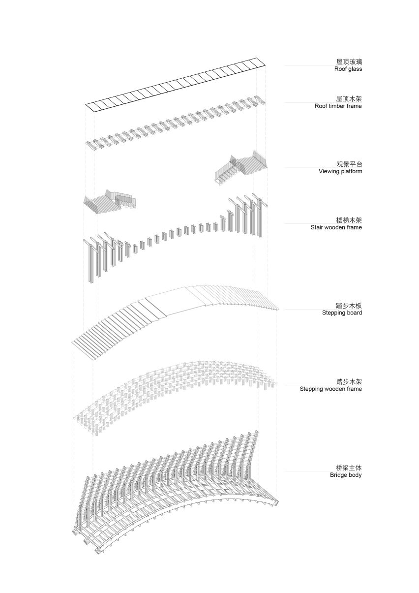 Exploded diagram, Timber Bridge in Gulou Waterfront, the latest project by LUO Studio