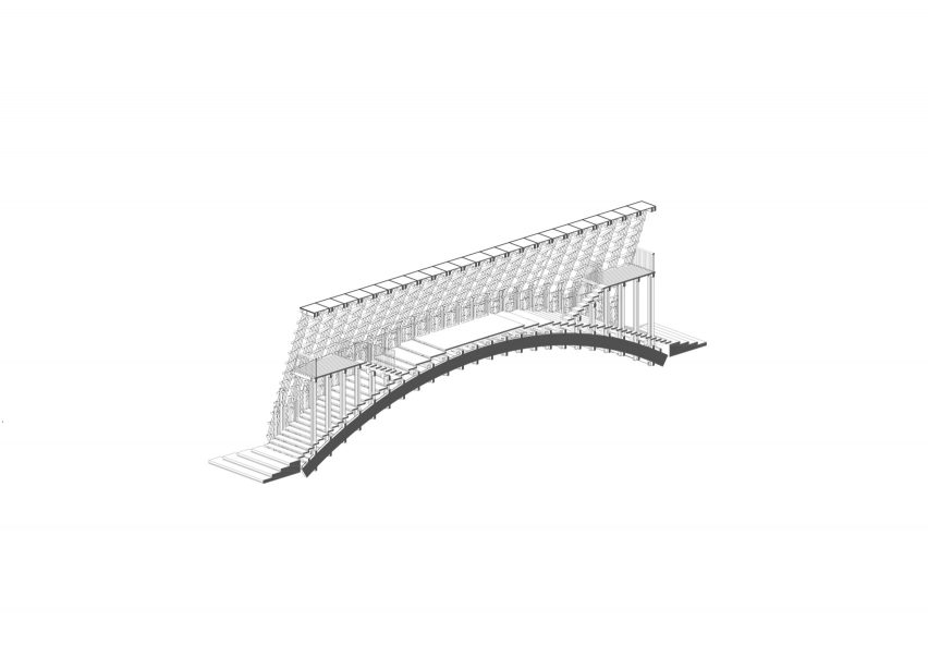 Axonometric cut-through, Timber Bridge in Gulou Waterfront, the latest project by LUO Studio