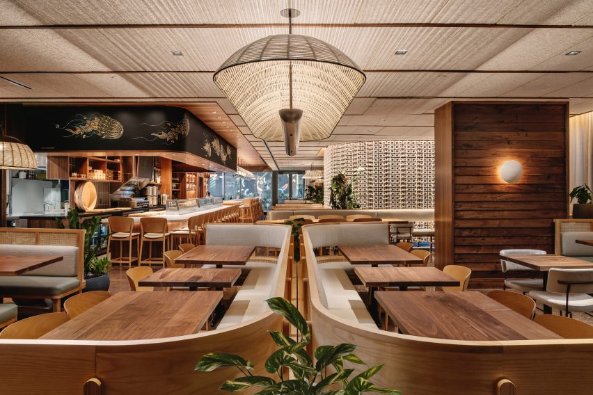 Wide view of the restaurant banquettes