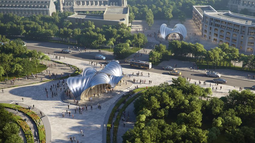 Aerial render of the steel metro station entrances