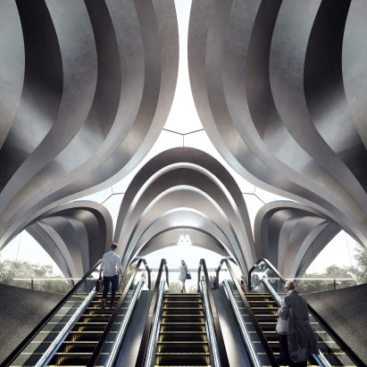 Render of the metal canopy metro station