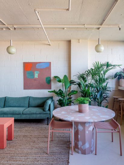 Soft materials and pastel colours in London office