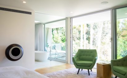 upstairs interior with green chairs