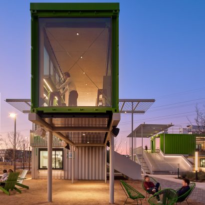 Mark Odom Studio elevates shipping containers on stilts for The Pitch entertainment complex