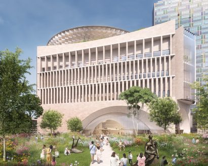 Render of the eastern facade of National Gallery of Victoria Contemporary and its public gardens