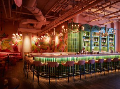Bar counter in pink bar interior