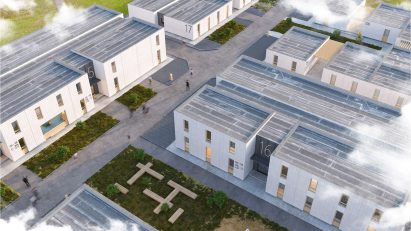 Render of overhead shot of two-storey buildings in Re:Ukraine refugee village