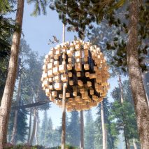 Render of the hotel room suspended in the trees