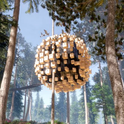 Render of the hotel room suspended in the trees